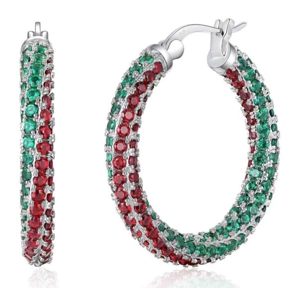 14K White Gold Sterling Silver and Emerald and Ruby Cubic Zirconia Hoop Earrings - Picture 1 of 6